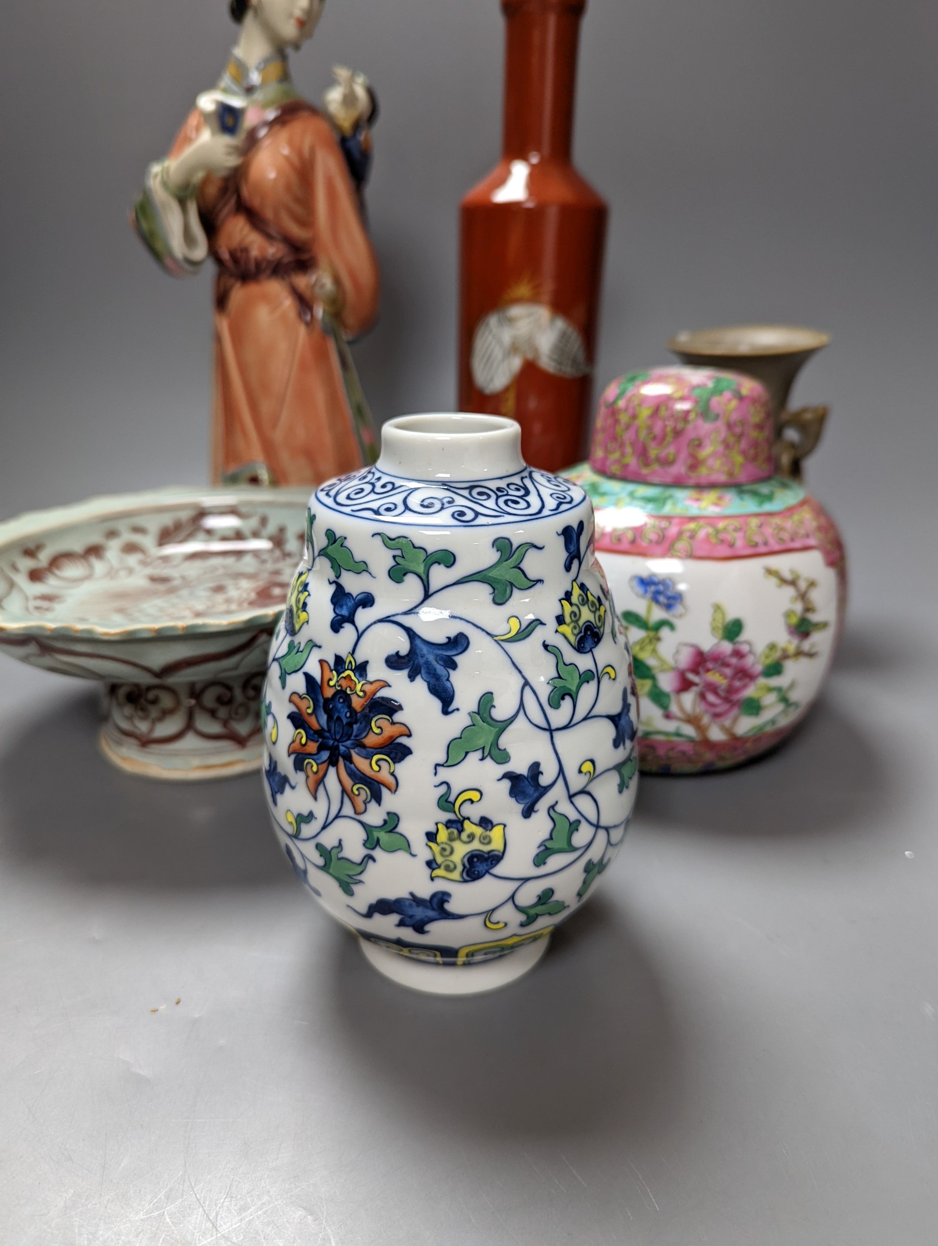 A Chinese porcelain figure group, four vases and a stem dish. Tallest 33cm